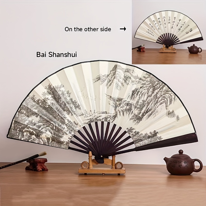 Elegant 10-Inch Bamboo Folding Fan with Dual-Sided Silk Design - Traditional Chinese Style, Perfect for Women's Fashion Accessory, Large Size, Silk Fabric details 1