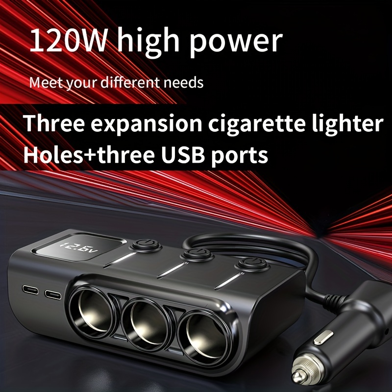 [Aktualisierte Version] Zigarettenanzünder-Adapter 120W 3  Steckdosen-Netzteil 5 USB-Ports Schnellladegerät Für Autos Mit LED-Anzeige  Spannung Ein /