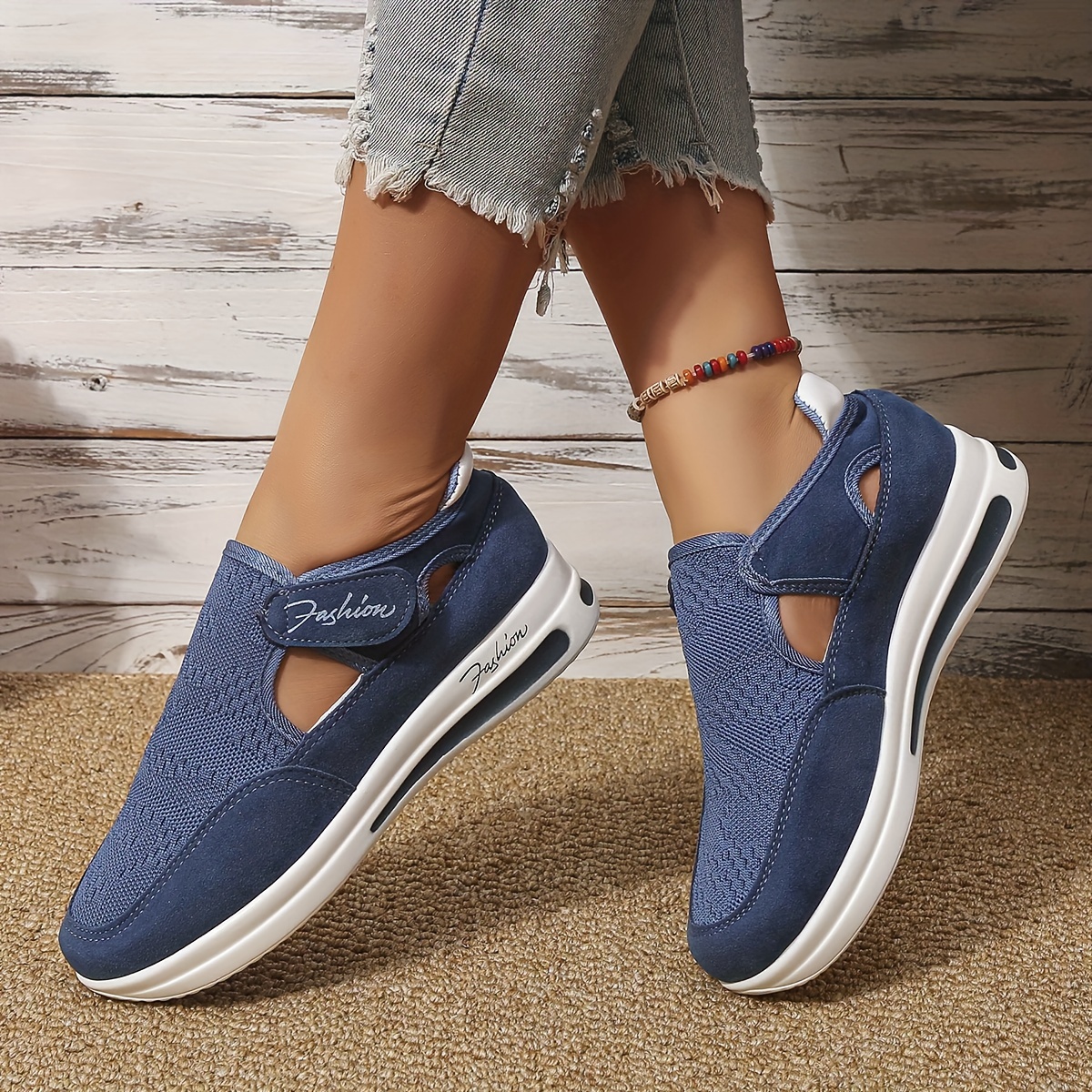 Women's Knit Platform Sneakers Hook & Loop Shoes Cutout Comfortable Outdoor