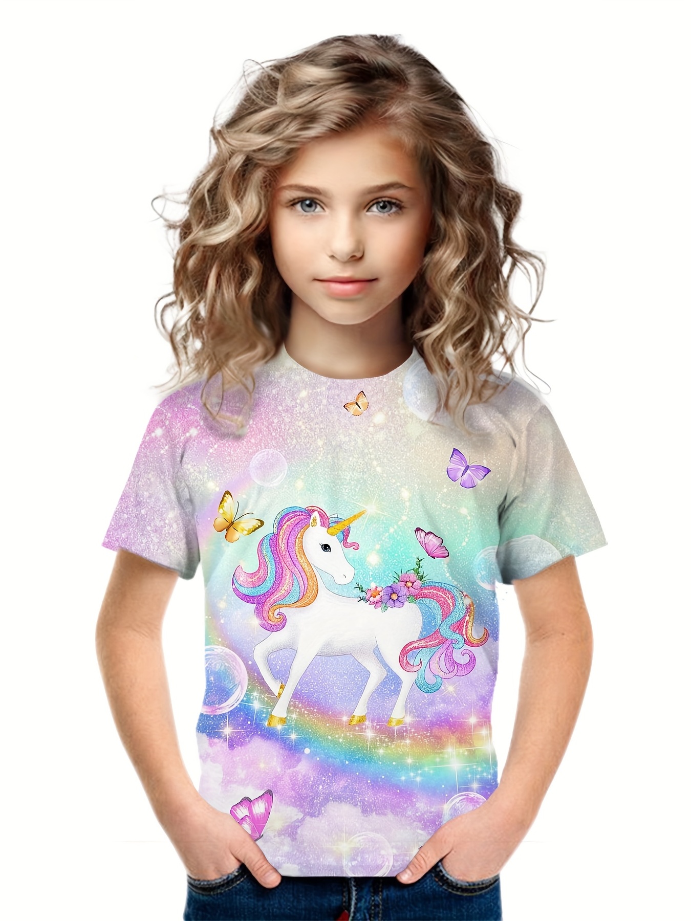 Girls Ruffle Trim Cute Cartoon Unicorn Graphic T shirt Top - Temu Canada
