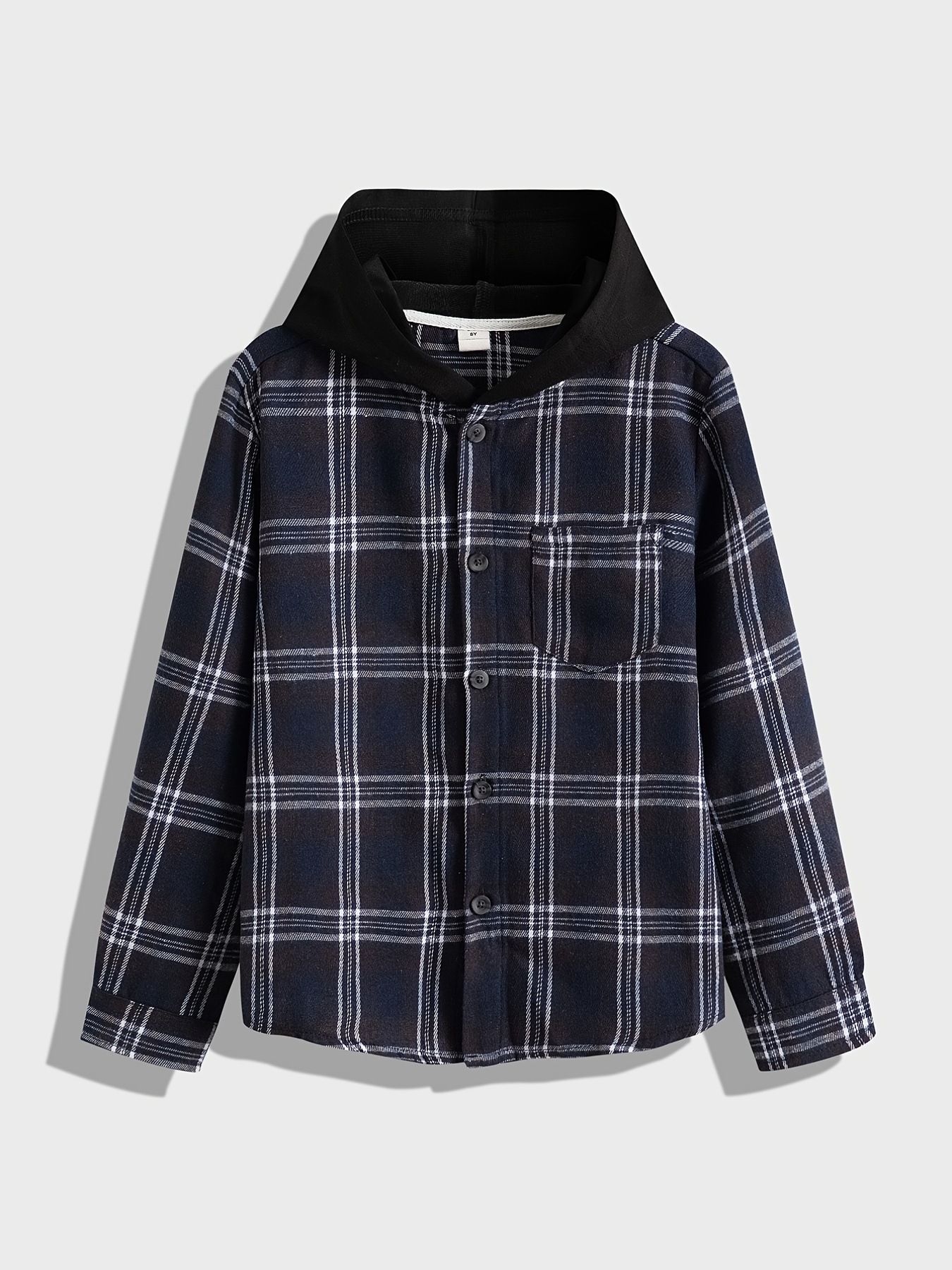 Boys Flannel Hooded Plaid Shirts Button Long Sleeve Tops