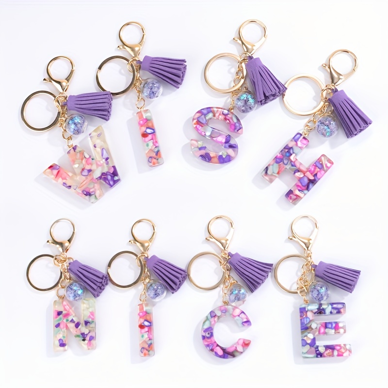 1pc Cute Creative Letter Alphabet Keychain Crystal Acrylic Liquid Keychain Women Key Chains Ring Car Bag Tassels Pendent Charm Gift Accessories,Temu