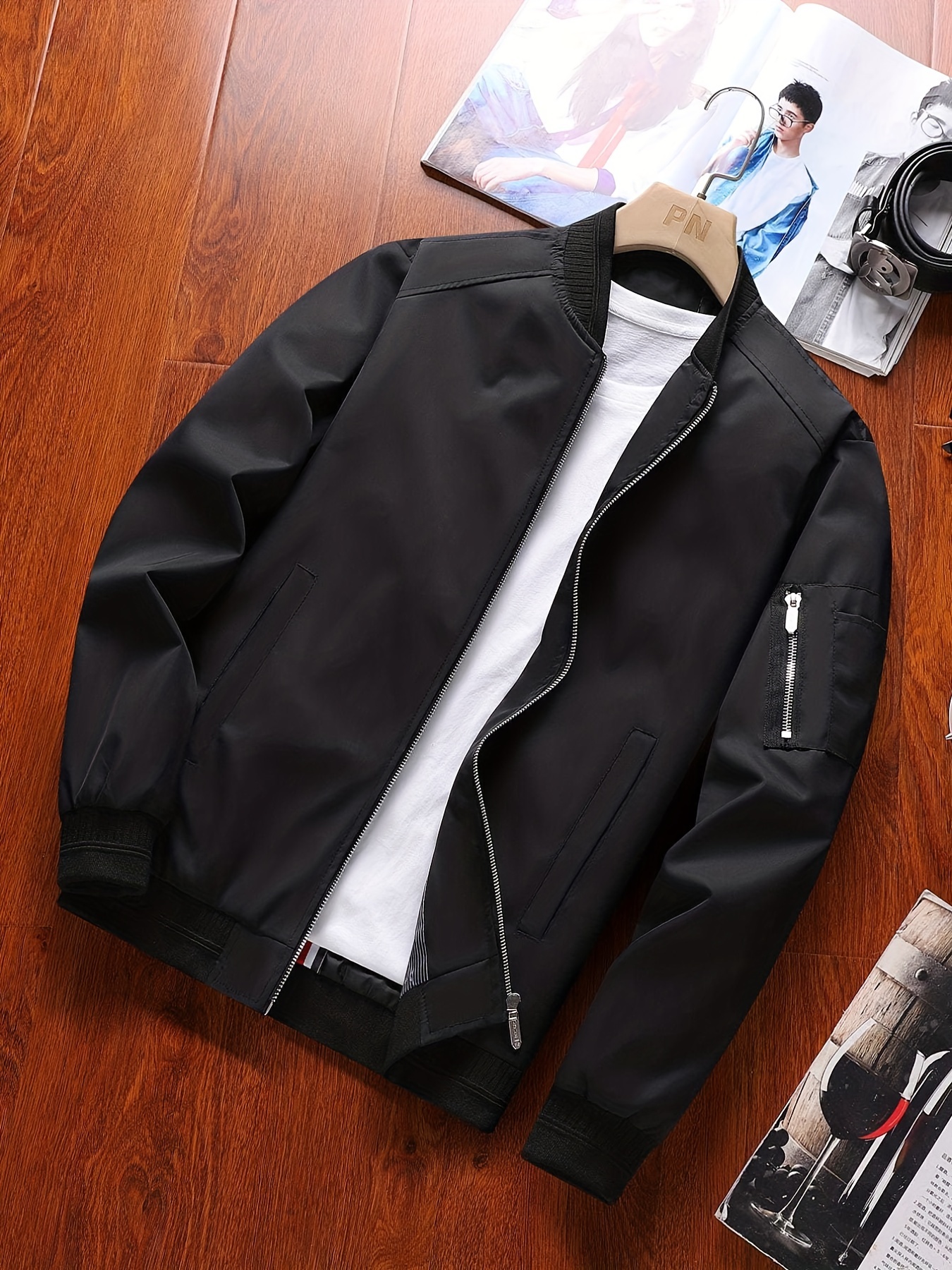 Jackets For Men, Fall Winter Stand Collar Zip Up Baseball Jacket, Black