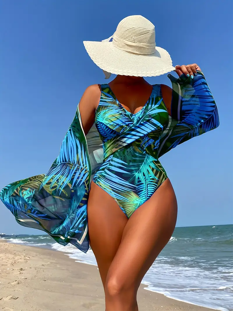 Blue Tropical Printed One-piece Swimsuit With Beach Towel Cover Up Skirt, V  Neck Ruched Stretchy 2 Piece Swimsuits, Women's Swimwear & Clothing For Ho