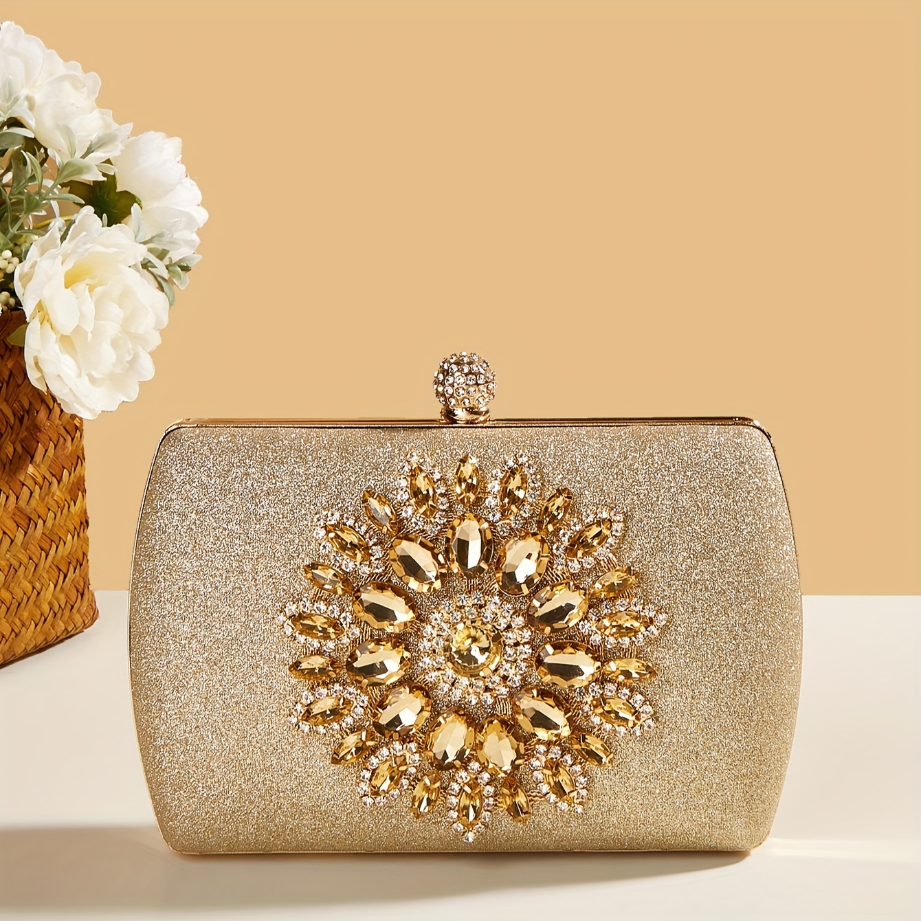 Rhinestone Luxury Clutch Bag, Flower Pattern Evening Shoulder Bag With  Chain For Party & Dinner - Temu