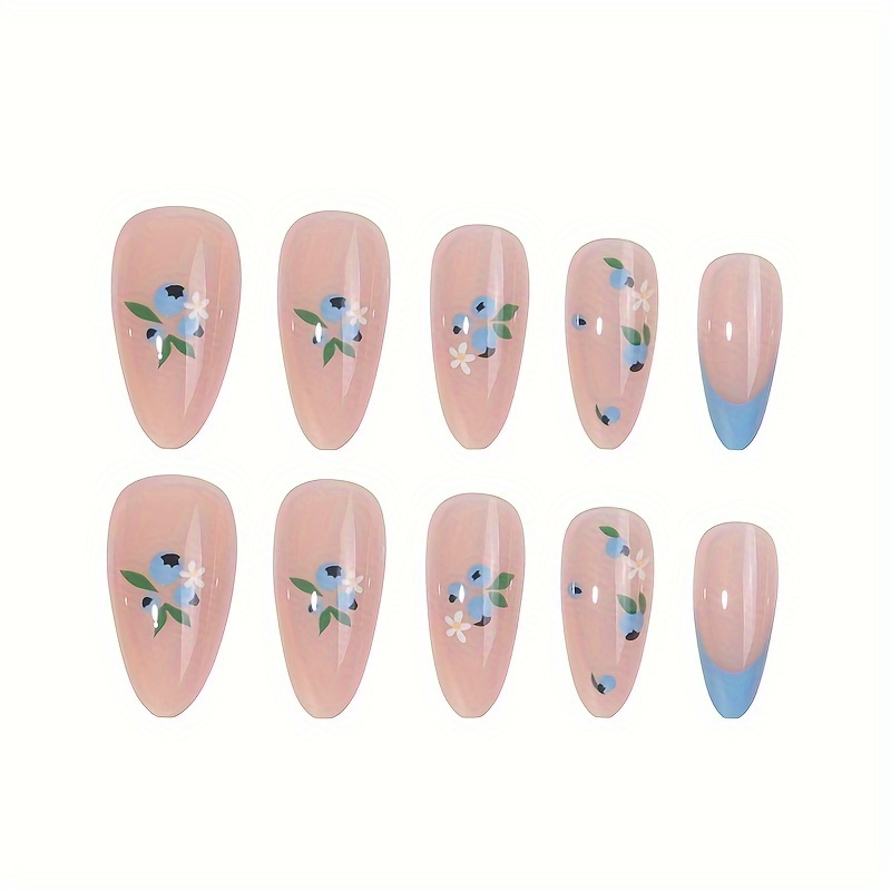 24pcs glossy medium almond fake nails blue french tip press on nails with flower adn blueberry design sweet and fresh false nails for women girls for easter details 2