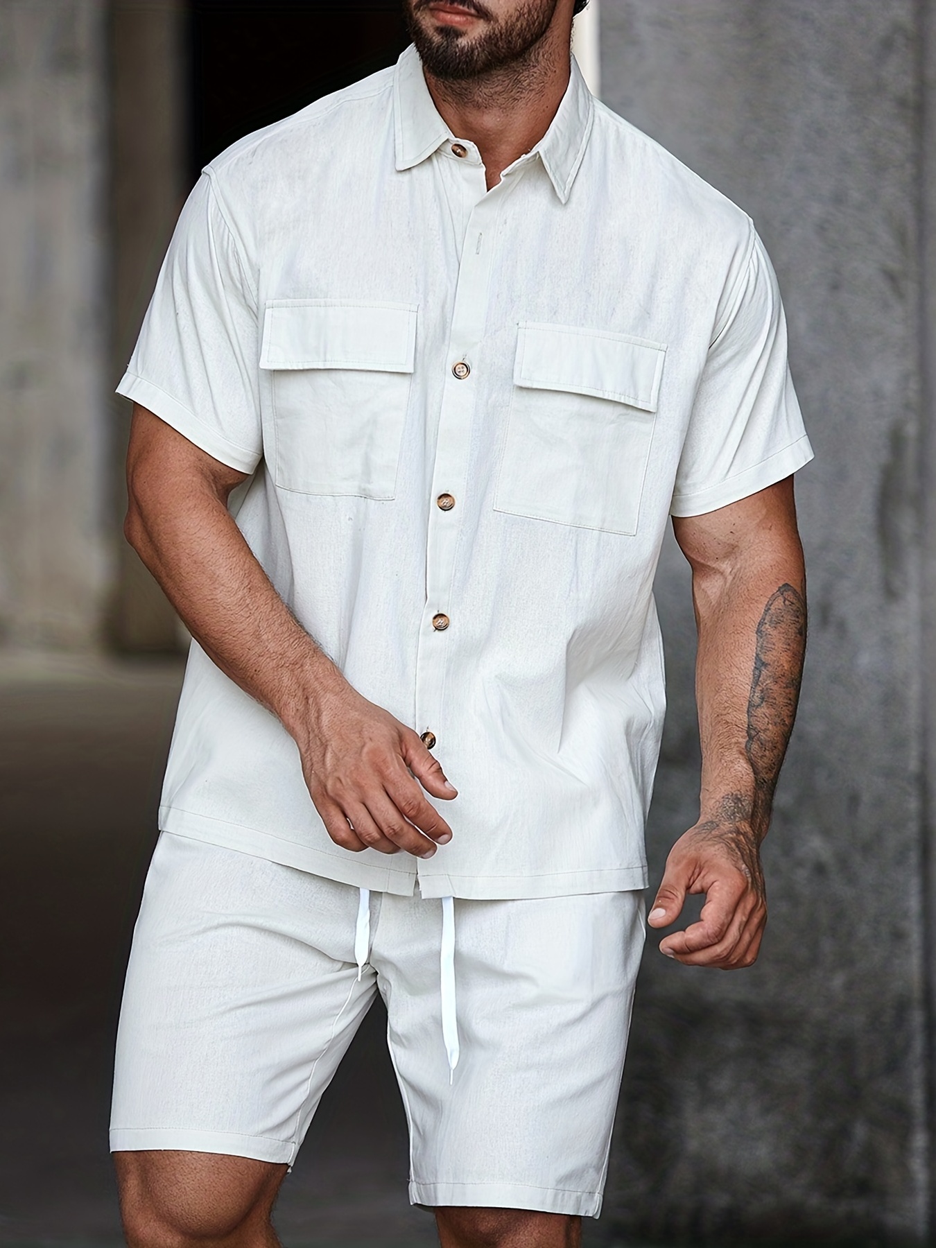 skapbo Men's 2 Piece Outfits Short Sleeve Pocket Button Down Shirt and  Drawstring Shorts Set 
