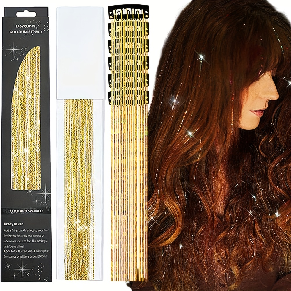 Fashion Party Christmas New Year Gift for Women Hair Tinsel Pack of 12 Pcs,  Clip in Hair Tinsel 20 Inch Colorful Glitter Tinsel Hair Extensions ,  Festival Gift Tinsel Fairy Hair Extension