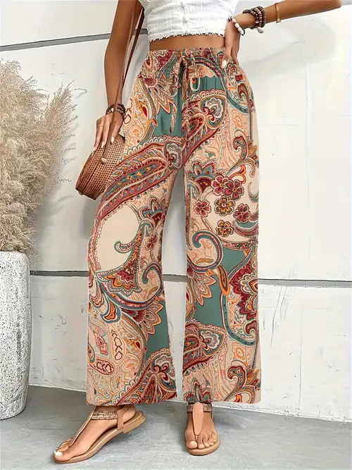 Plus Size Floral Print Straight Leg Pants Casual Drawstring - Temu