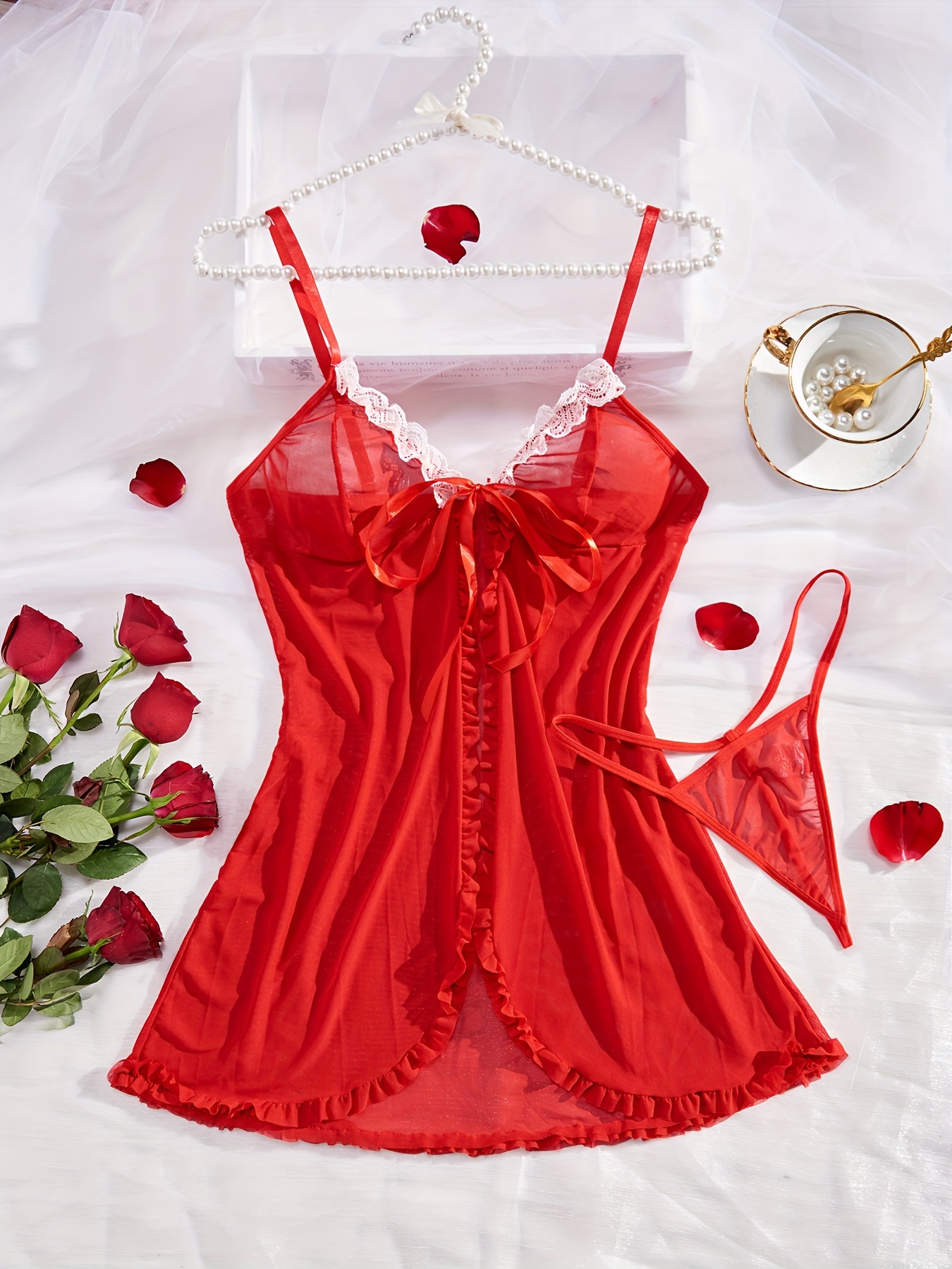 Women's Sexy Sleep Dress Silky Red Satin Lace-Trim Slip Sleepwear