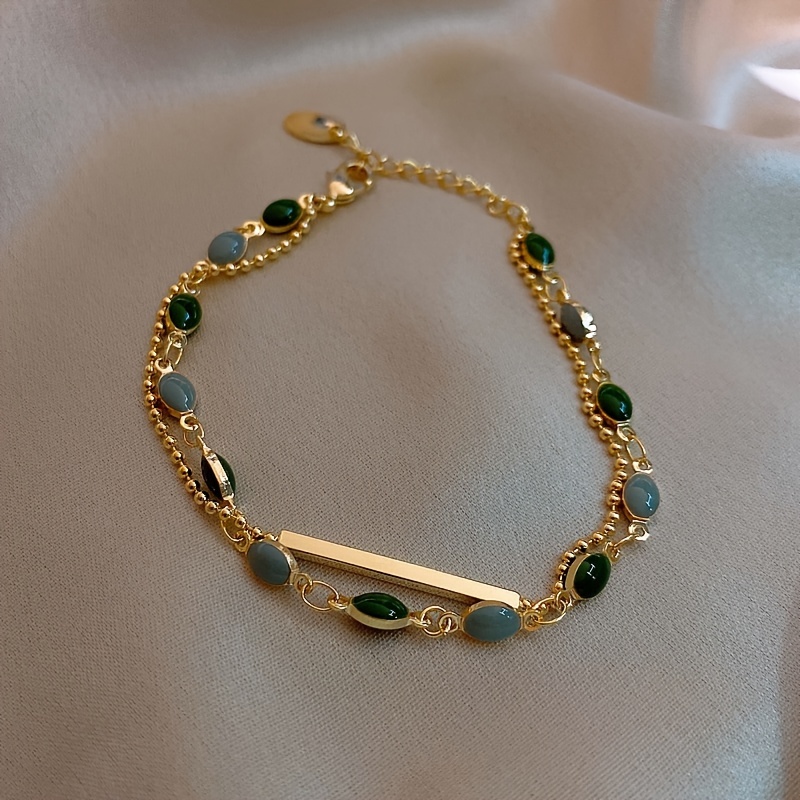 

1pc Blue-green Artificial Crystal Charms Bracelet, Elegant Double-layer Adjustable Bracelet