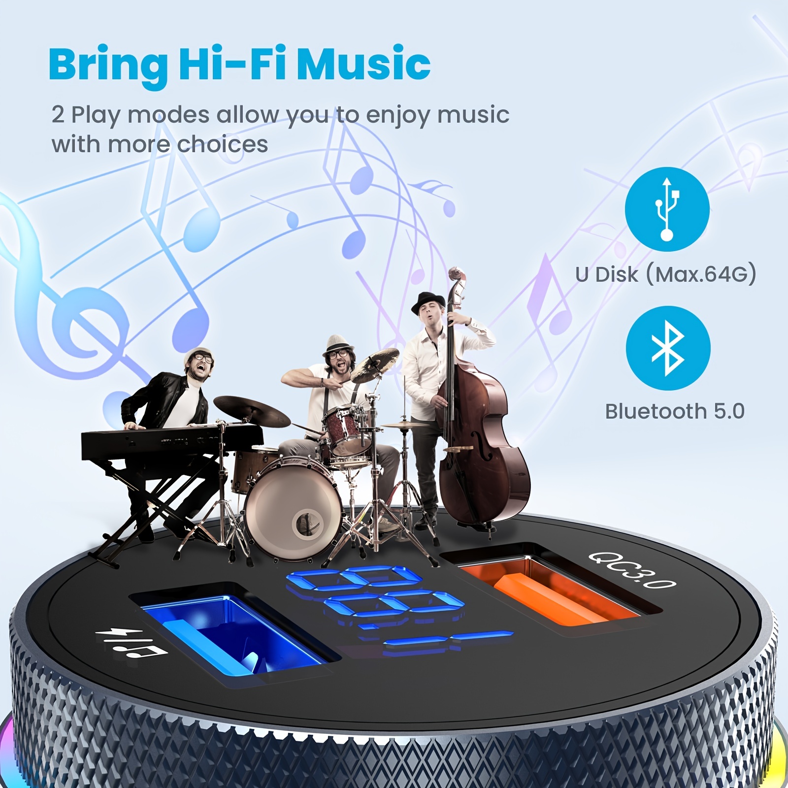 Upgraded V5.0 FM Wireless Transmitter Car, QC3.0 & LED Backlit Wireless FM Radio Adapter Music Player/Car Kit With Hands-Free Calls_voghion.com