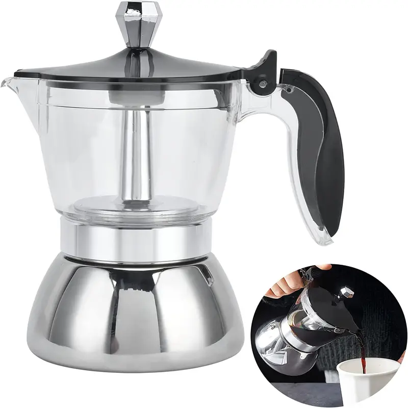 1pc moka pot coffee pot stainless steel heat resistant transparent design for home office hotel restaurant for cappuccino macchiato and mocha details 1
