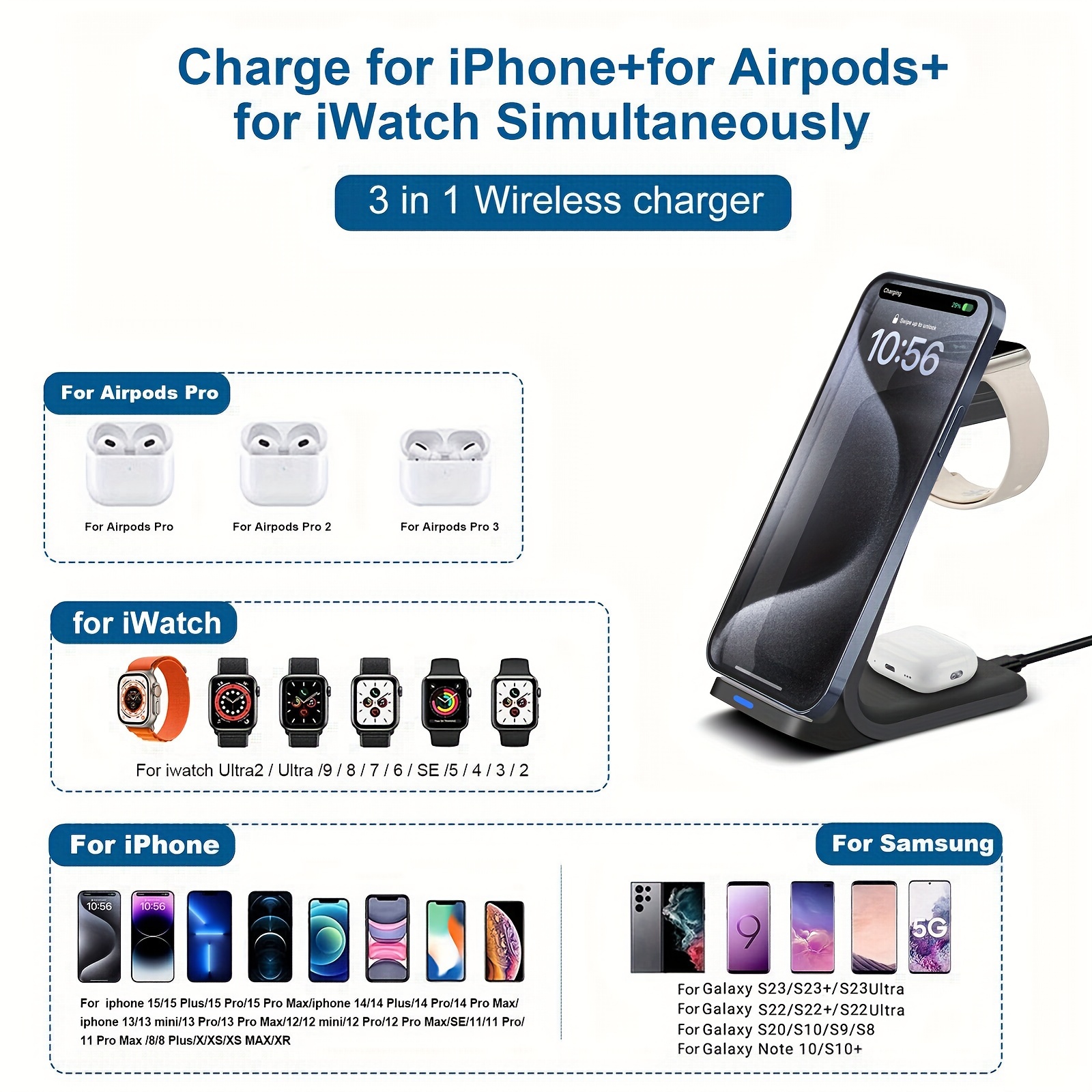 Charging-Station-for-iPhone 3-in-1-White-Wireless-Charger-Stand  Charging-Dock for-Apple-Watch-Series-7 6 SE 5 4 3 2 & Airpods iPhone 14 13  12 11 Pro X