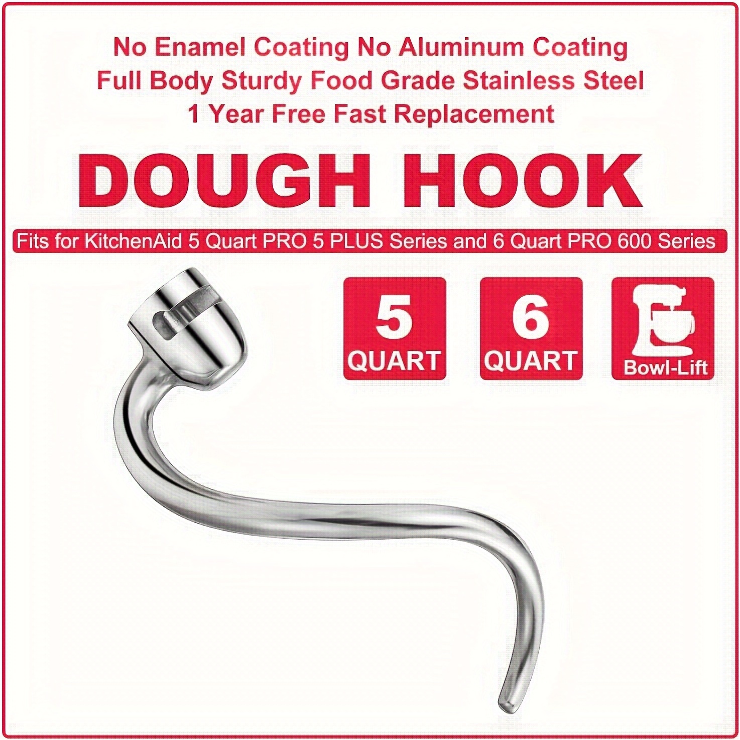 Spiral Dough Hook Replacement for KitchenAid 7/8 Qt. Bowl-Lift Stand  Mixers/Polished 18/8 Stainless Steel Accessories/No coating/Dishwasher Safe