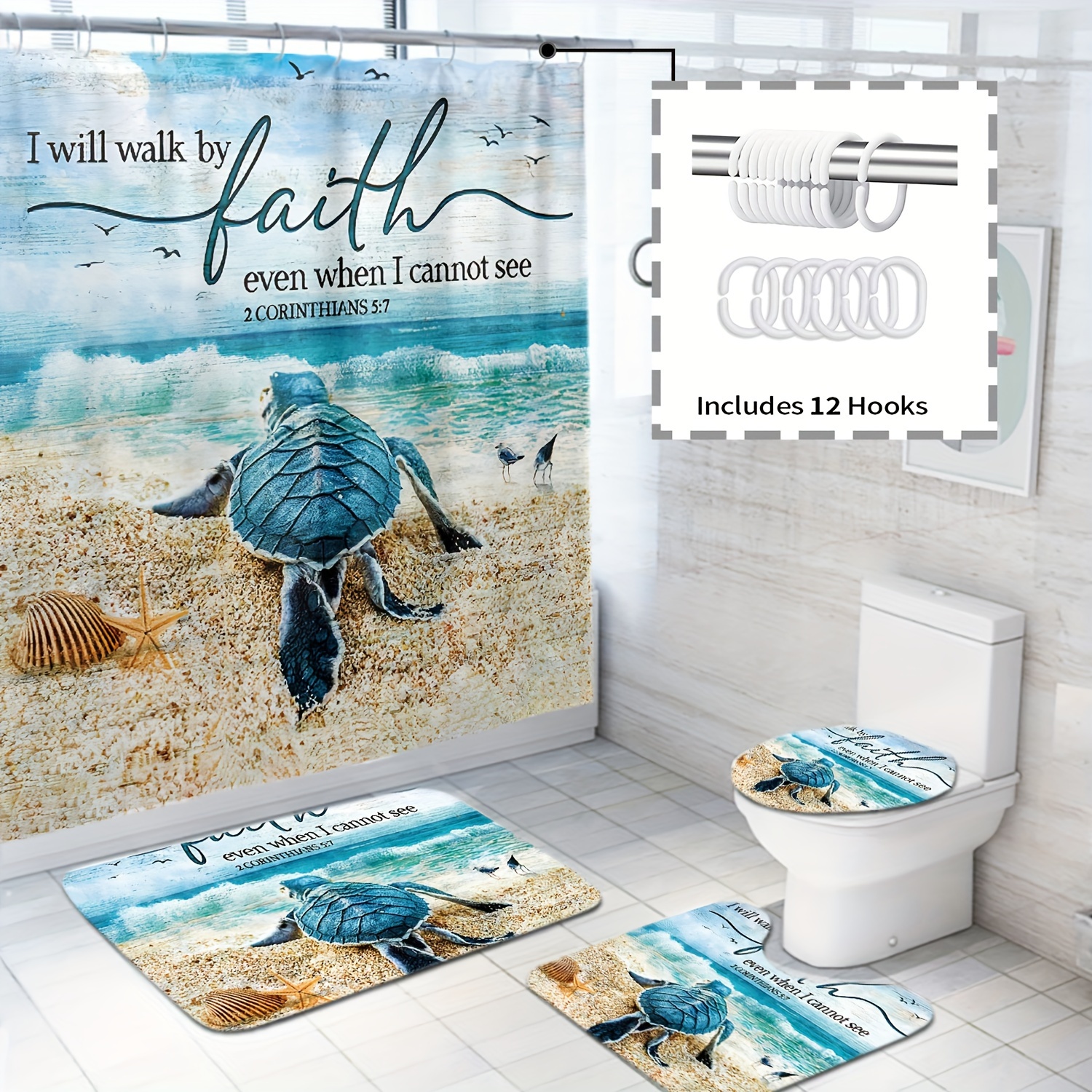 1pc Boho Sea Turtle Shower Curtain With 12 Hooks, Non-slip Bathroom Rug,  Toilet U-shape Mat, And Toilet Lid Cover Pad - Stylish And Functional  Bathroom Decor, High-quality & Affordable
