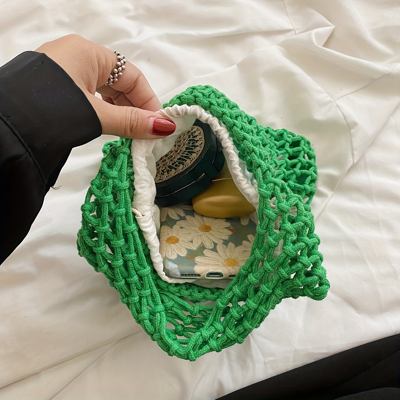 Crochet Knit Bag Hollow Out Net Pocket Beach Handmade Woven Tote Bag Casual