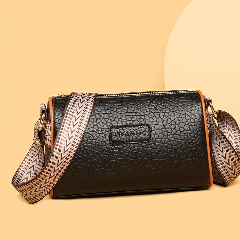 Simple Wide Strap Zipper Crossbody Bag, Pu Leather Textured Bag Purse,  Classic Versatile Fashion Shoulder Bag - Temu