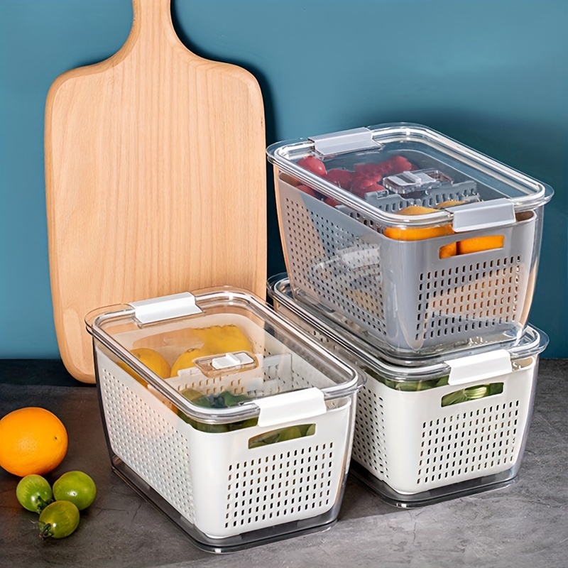 

Organize Your Kitchen With This Refrigerator Storage Box: Transparent, Stackable, And Drainable For Fresh Fruits And Vegetables!