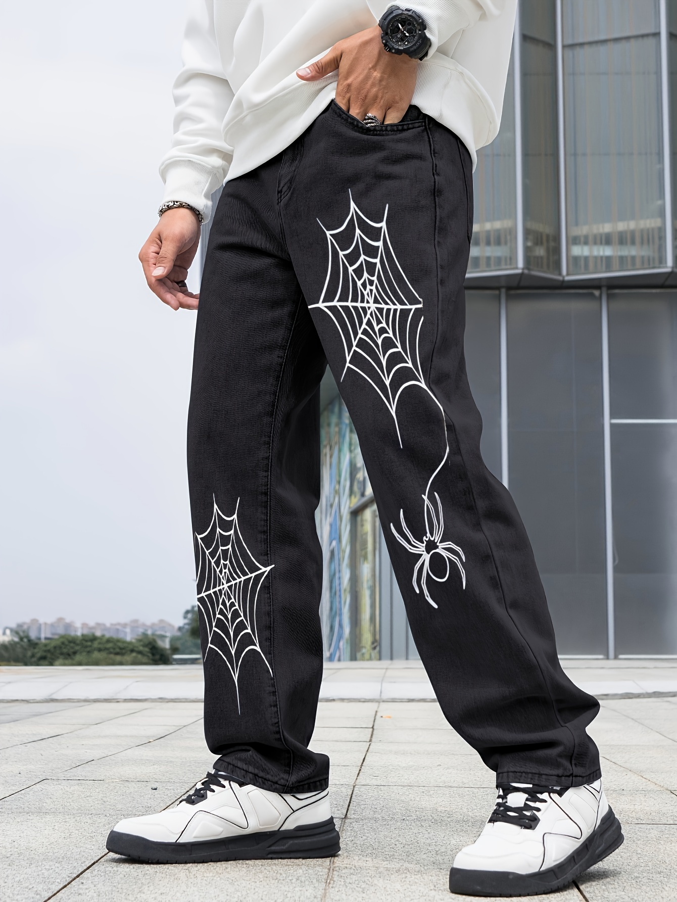 Spider Spider Web Print Kpop Straight Leg Jeans Men's Casual