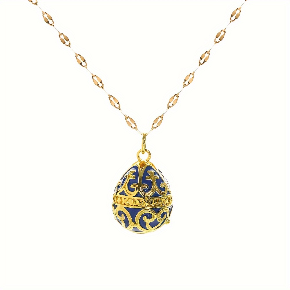 Image of Pendant Necklace Drip Oil Enamel Stripe Pendant Egg Necklace, Carved Oval Enamel Egg Necklace Stainless Steel Chain Party Jewelry Additions Easter Ornament
