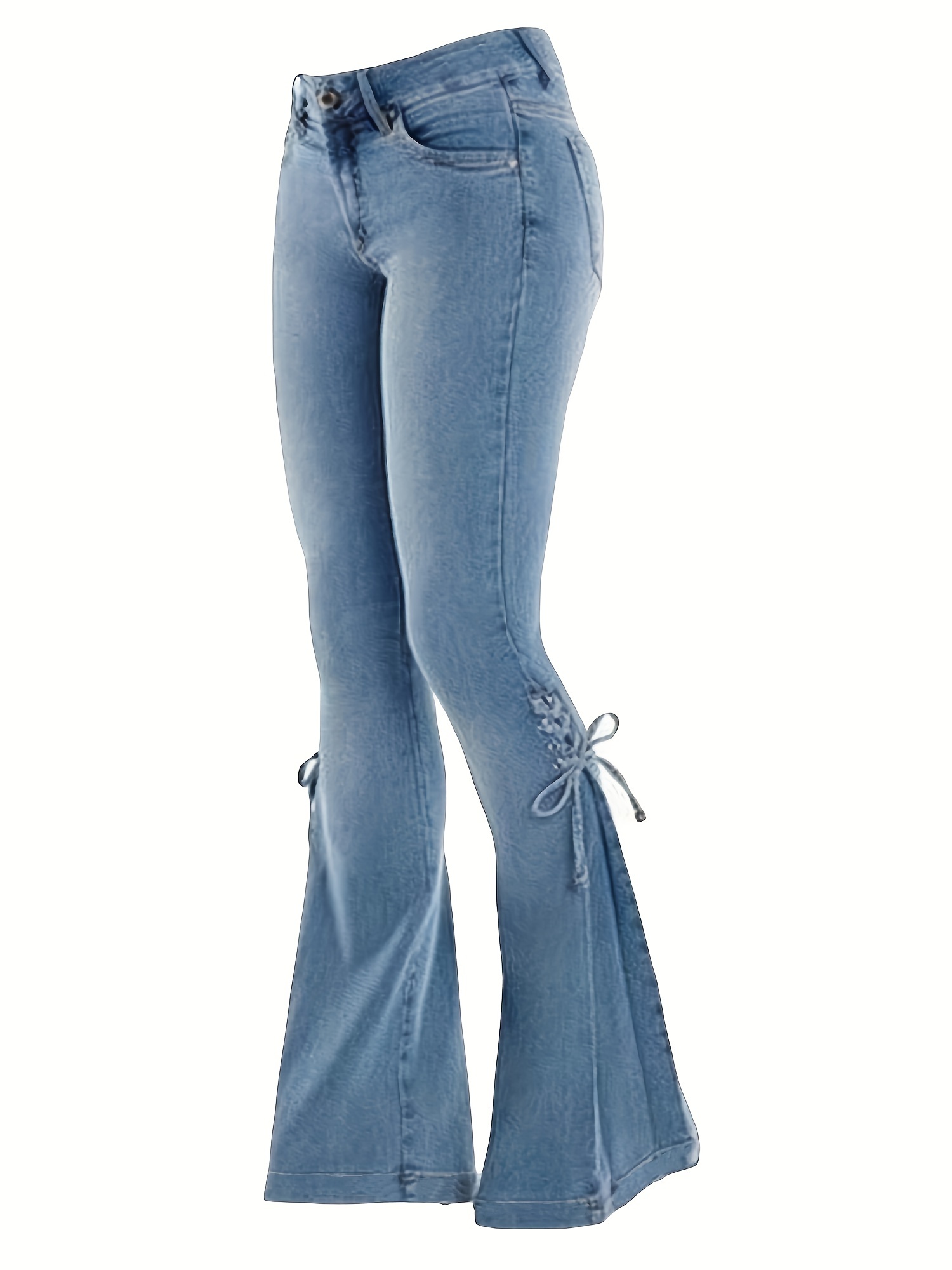 Women Jeans High Waisted Stretchy Layered Ruffle Bell Bottom Wide
