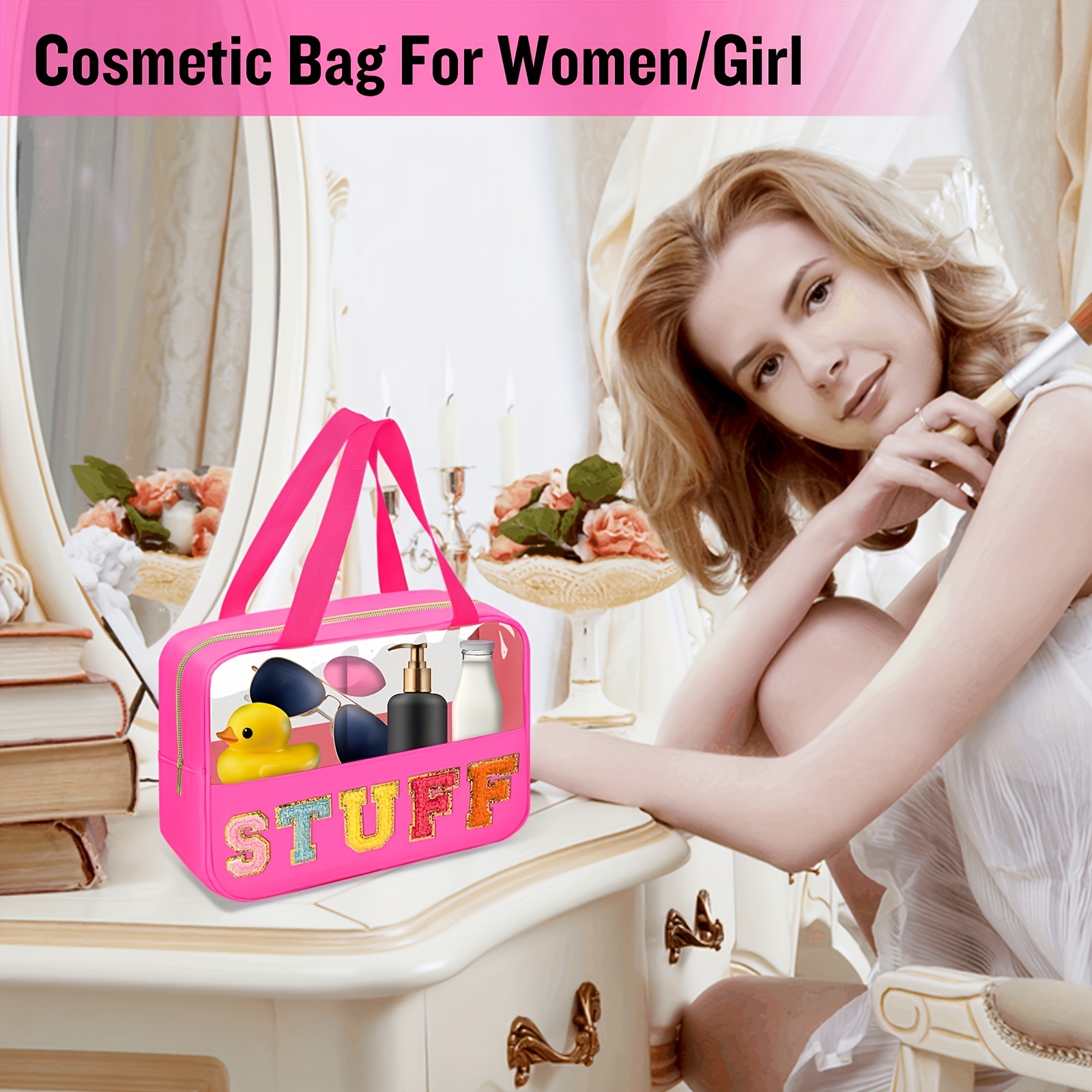  4 Pcs Nylon Cosmetic Bag Chenille Letter Cosmetic