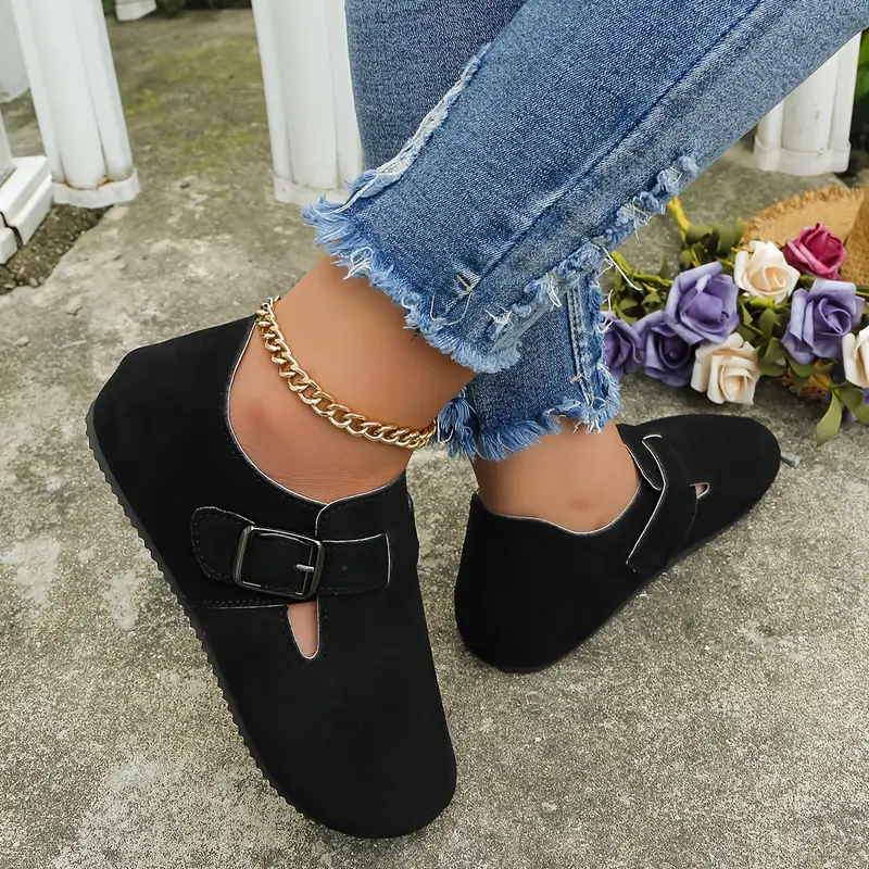 womens solid color flat mules round toe low top wear resistant non slip ankle buckle shoes casual outdoor shoes details 6