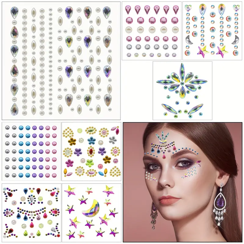Face Gems Stick on 3D Jewels Festival Body Bling Crystals Rhinestones Eye