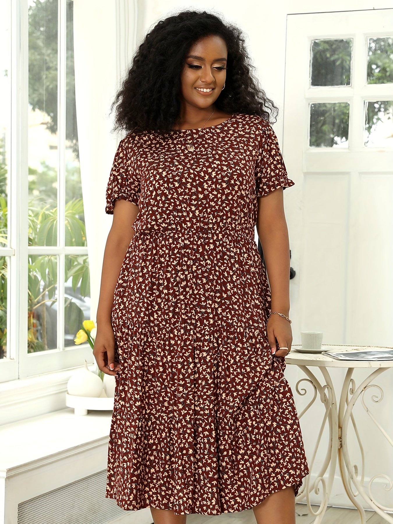 Plus Size Casual Dress Women's Plus Floral Print Puff Sleeve - Temu United