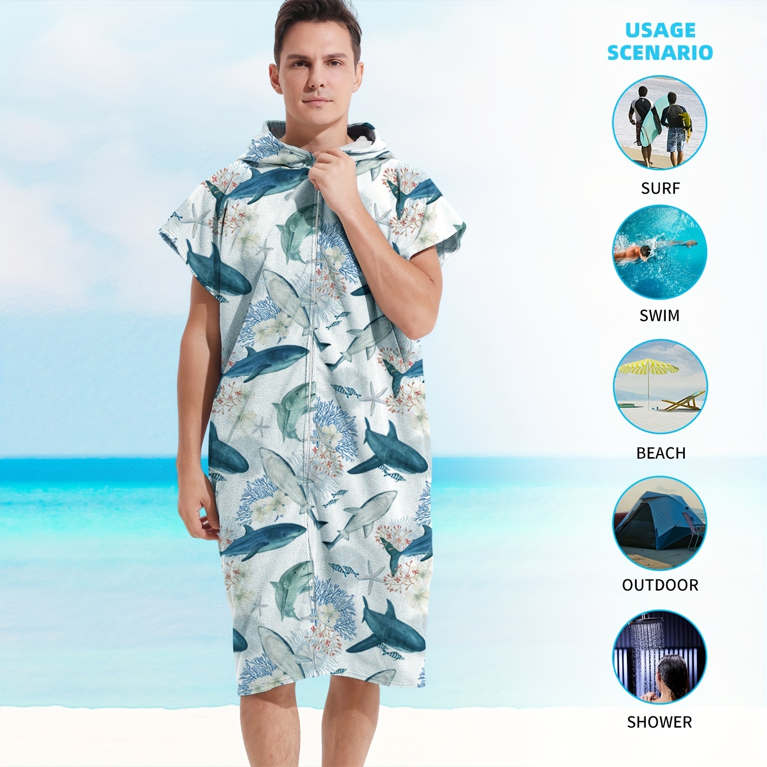 Surf, Beach, Towel Poncho - Men - Black Turquoise