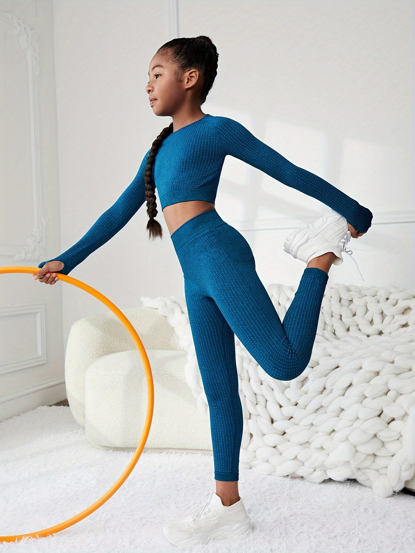 Sports Set Tween Girl Long Sleeve Crop Tee Yoga Leggings - Temu
