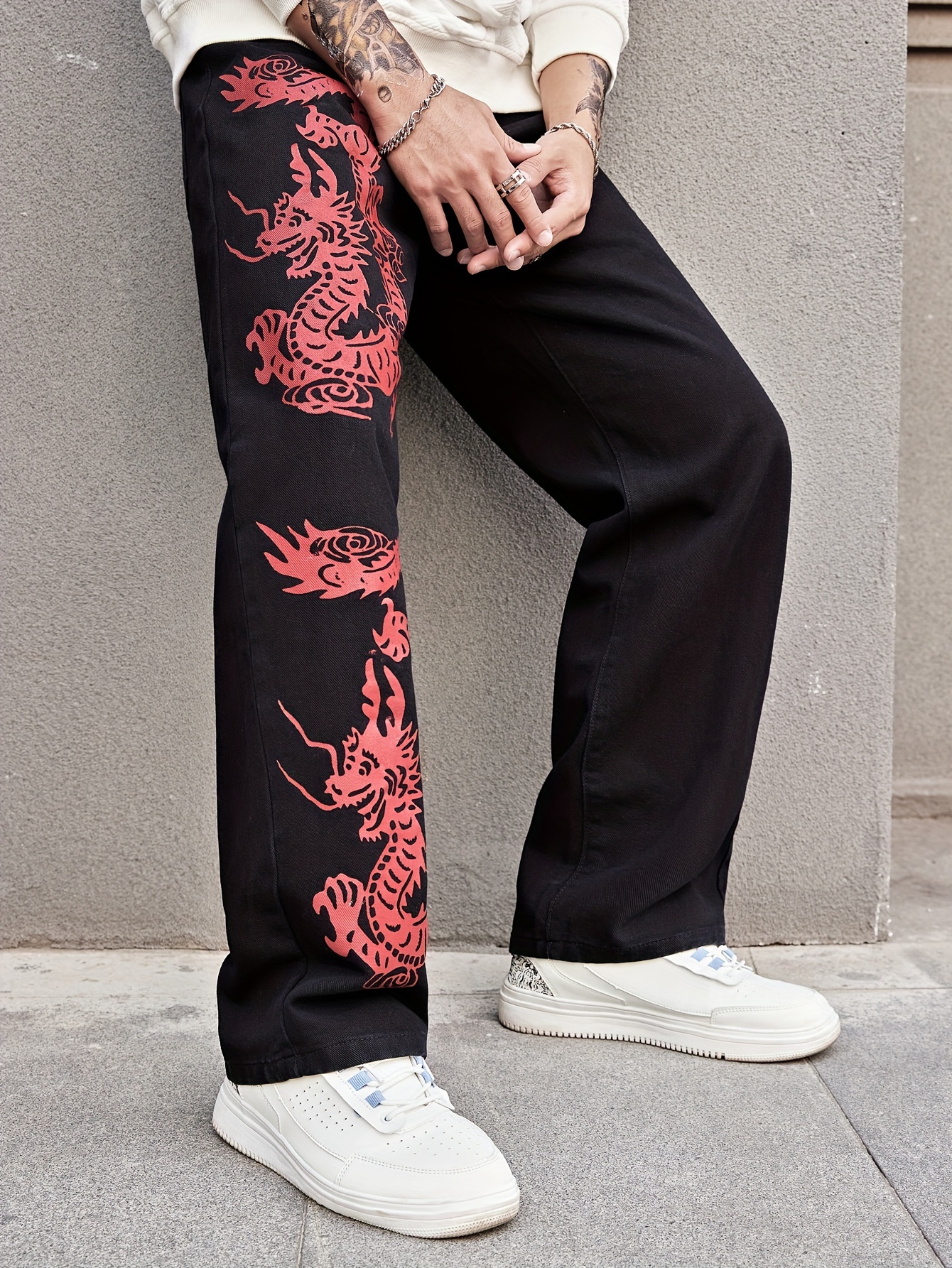 Dragon Embroidery Baggy Jeans Men's Casual Street Style Wide - Temu