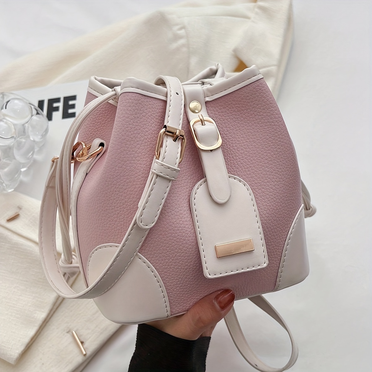 Minimalist Colorblock Bucket Bag, All-match Turn-lock Shoulder Bag, Women's  Classic Bag - Temu