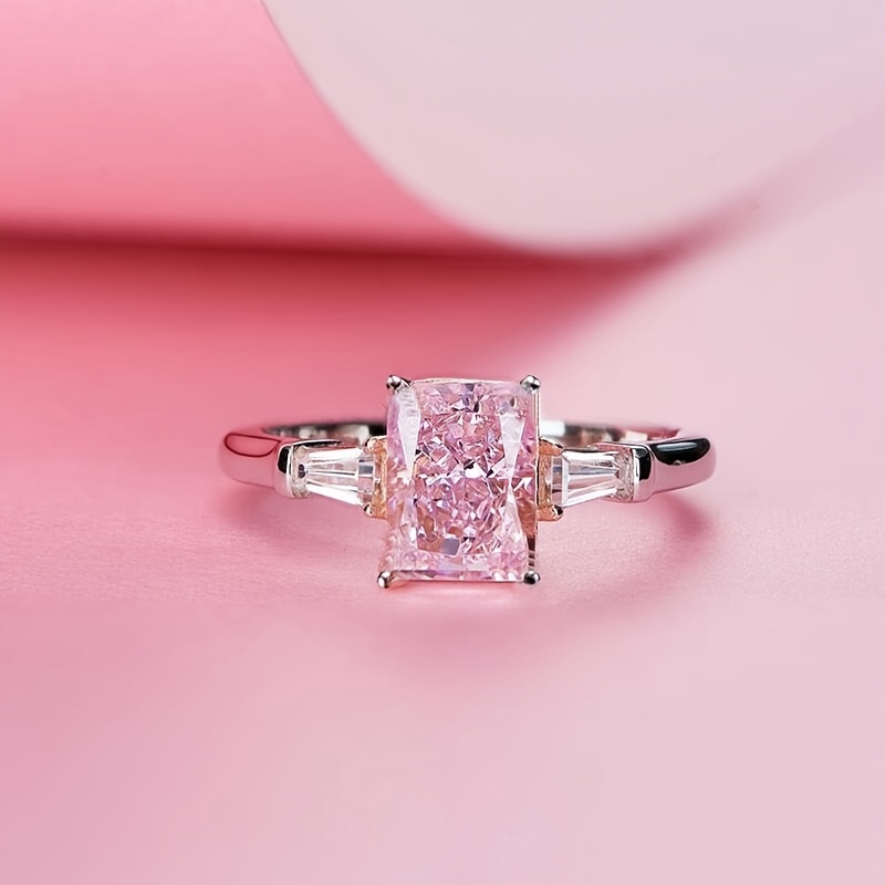 Square Pink Zircon Ring, Size 5-10