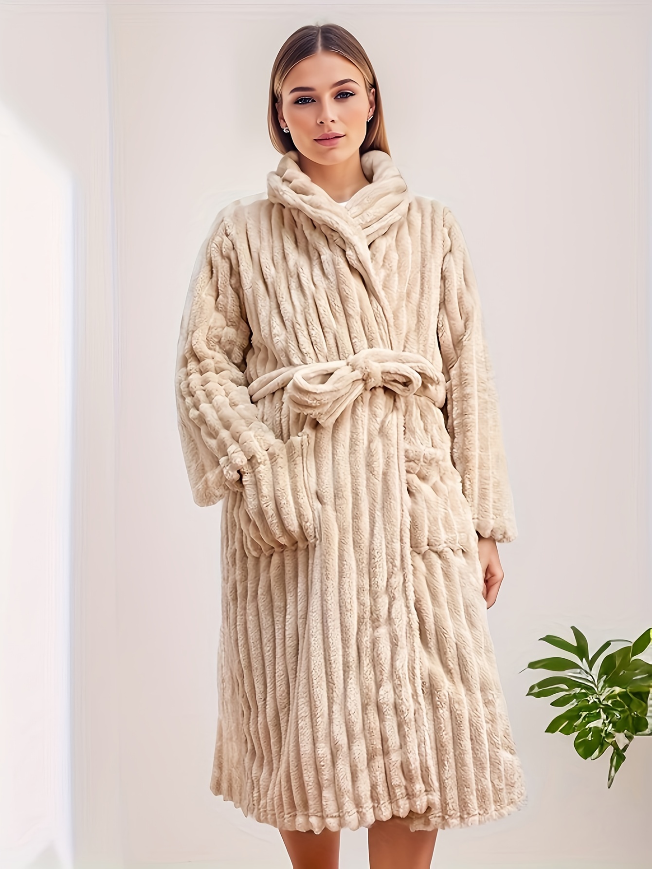 V Neck Long Comfy Cardigan Bathrobe, Thickened & Fuzzy Long Sleeve Lounge  Robe With Pockets, Women's Sleepwear