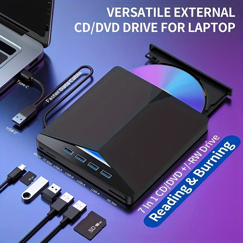 External DVD Drive USB 3.0 TYPE C USB C Portable CD/DVD +/-RW Disk Drive  External CD Drive DVD Player for Laptop CD/DVD ROM Burner Reader Compatible
