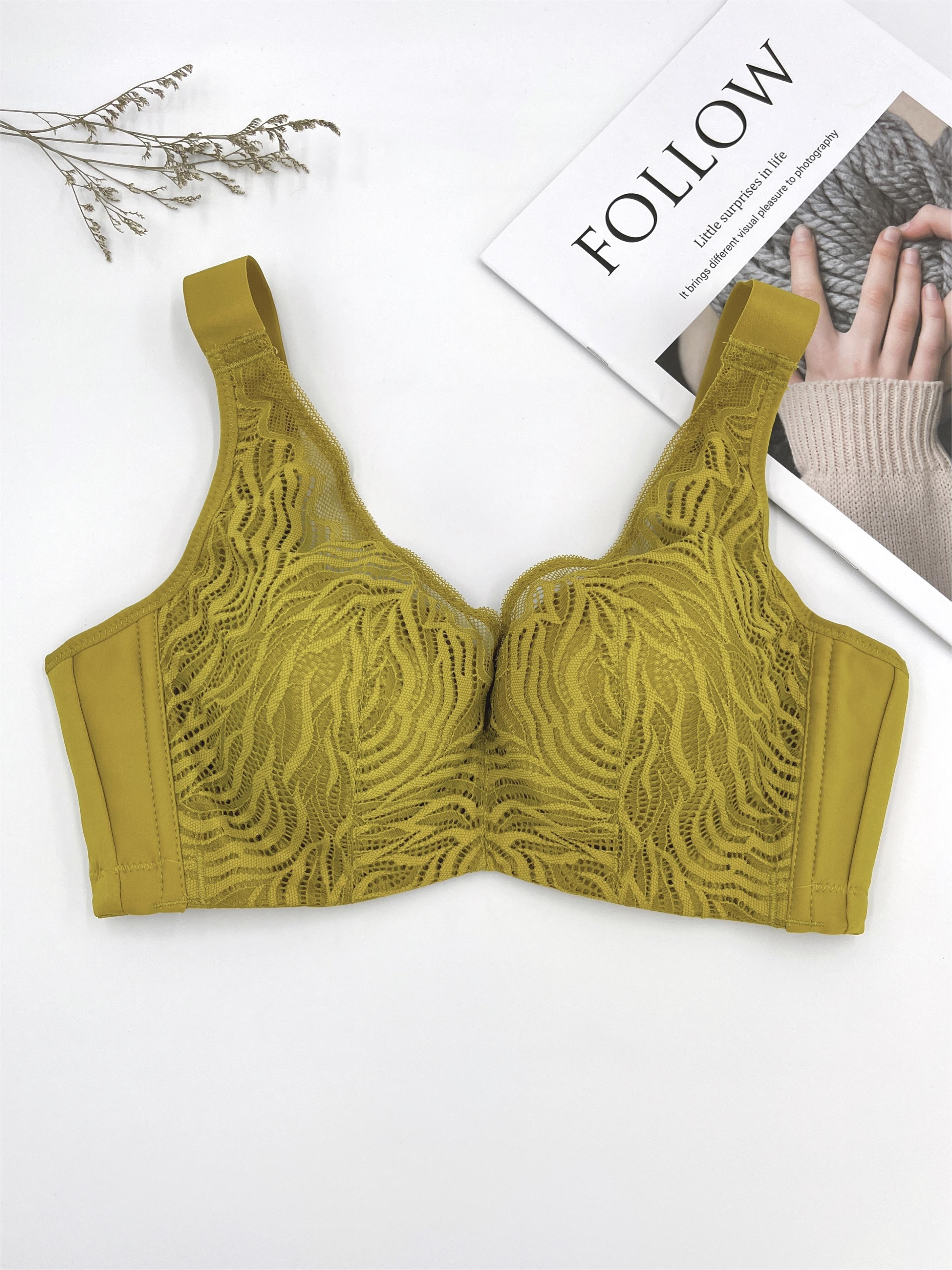 Leaf Pattern Lace Stitching Bras Comfy Breathable Zip Front - Temu
