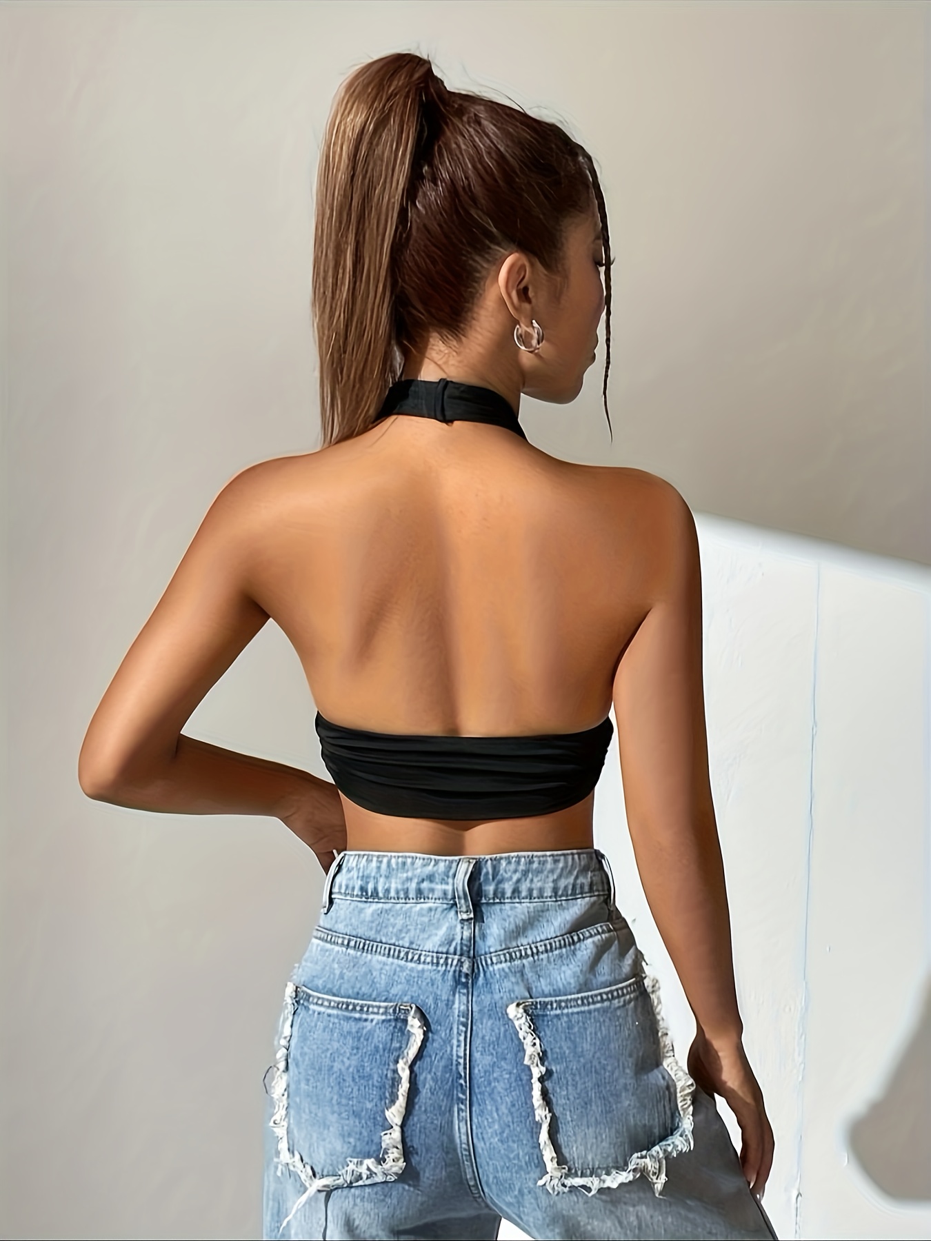 Plunge Neck Halter Top, Stylish Backless Crop Top For Summer, Women's  Clothing