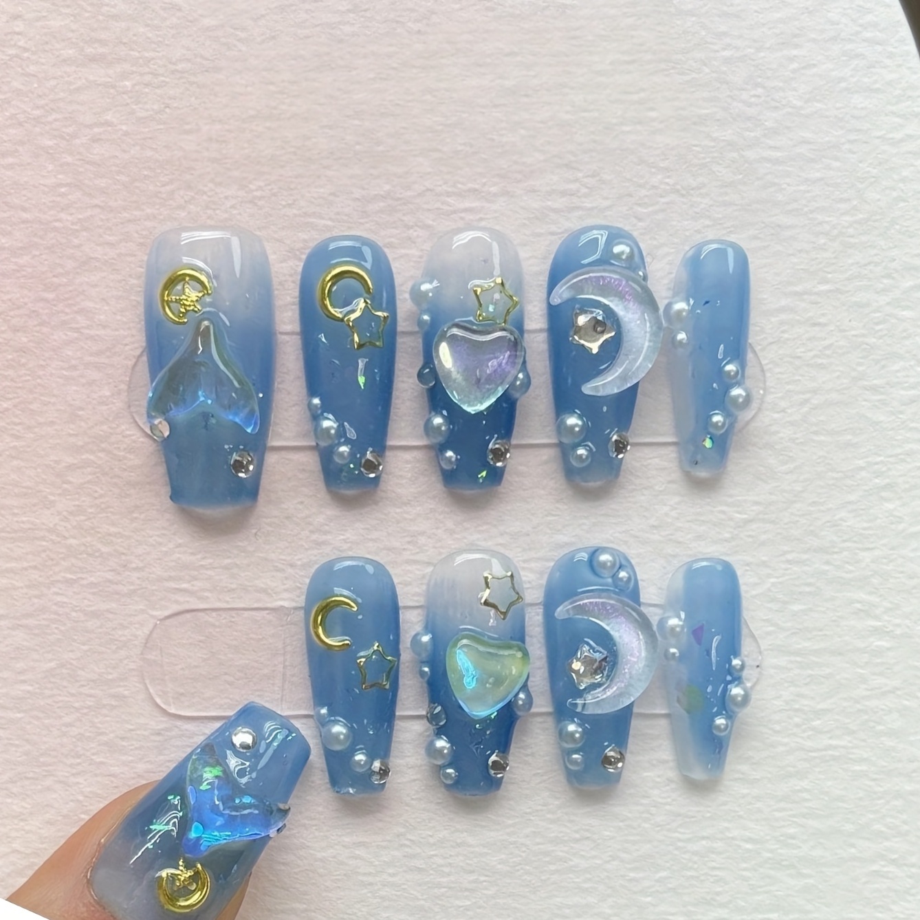 

10pcs Y2k Handmade Press On Nails - Ice Transparent Blue Gradient With 3d Moon, Heart, Crystal Gems - Glossy Long Coffin False Nails For Women And Girls
