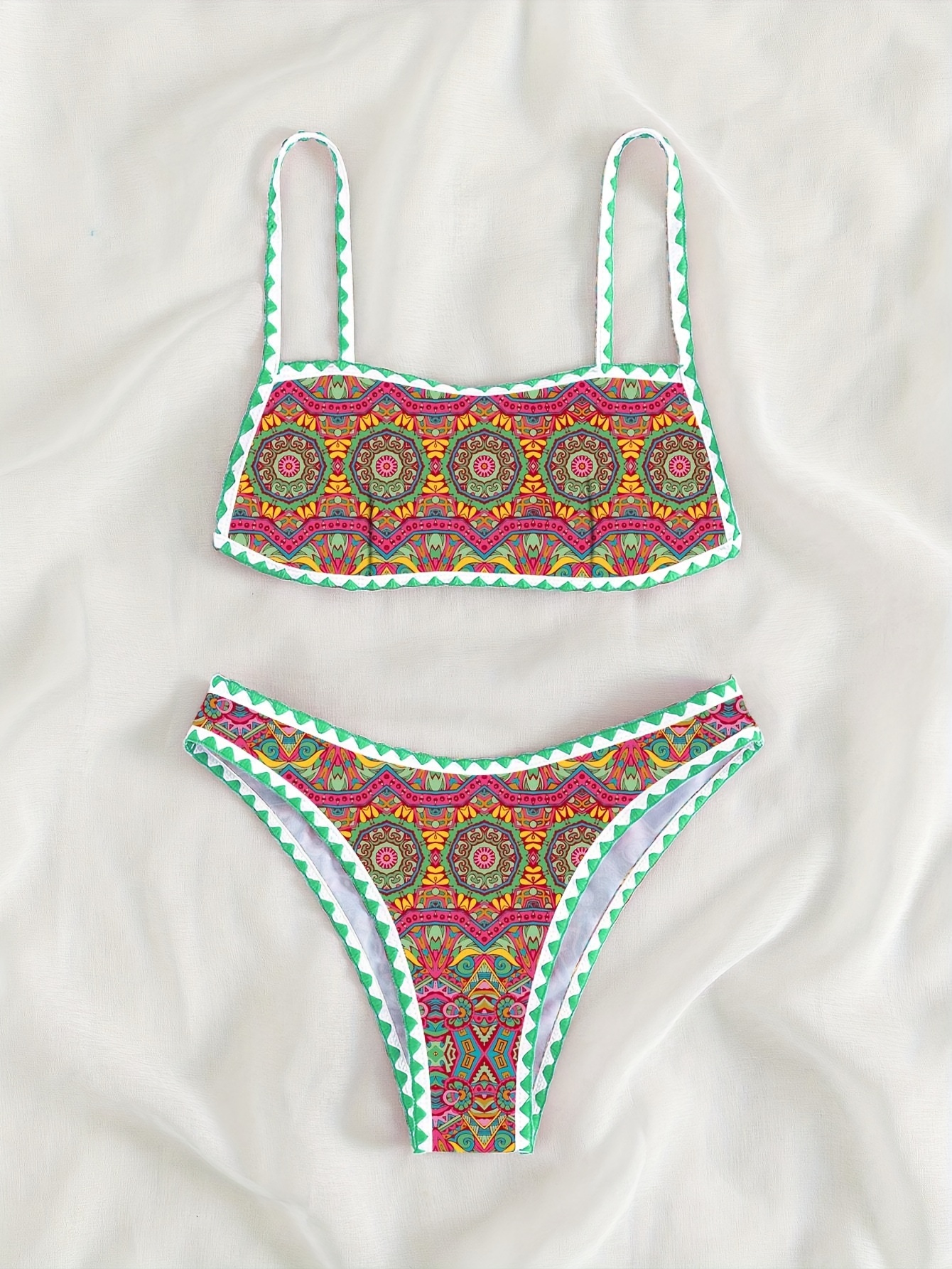 Whip Stitch Allover Print Contrast Trim Bikini Backless - Temu