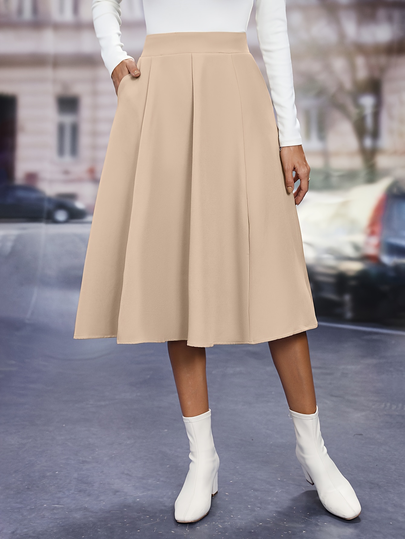 Versatile A-Line Belted Midi Skirt in Tan - Retro, Indie and