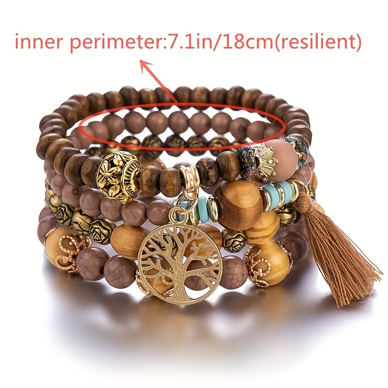 4pc Boho Style Tree & Tassel Charm Bracelet Set