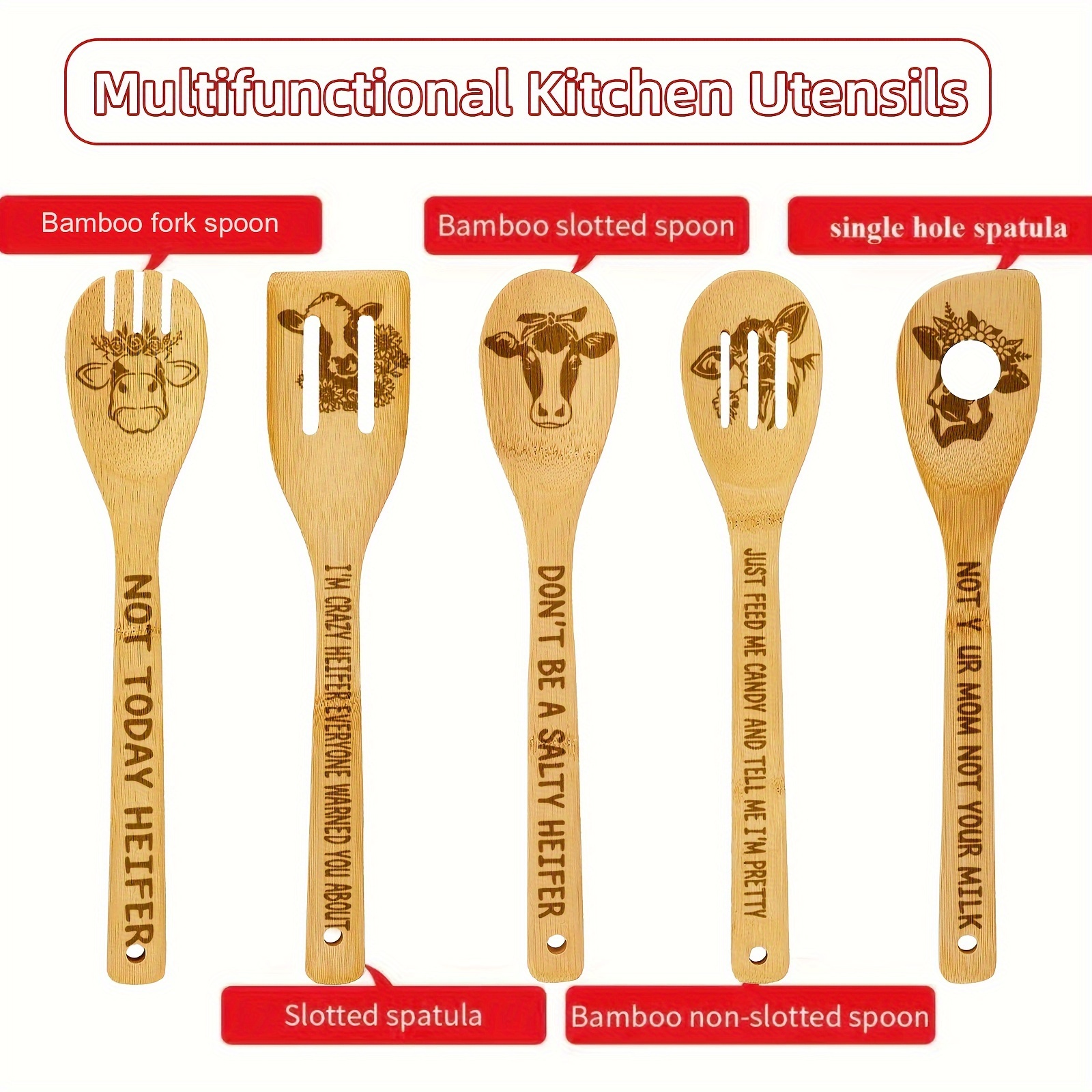 Bamboo Ladles, Wooden Spoons Utensils, Bamboo Cooking Utensils Carve Burned  Wooden Spoon, Slotted Spatulas, Funny Kitchen Gadgets Non-stick Cookware  For Housewarming Gifts, Kitchen Tools, Kitchen Supplies - Temu