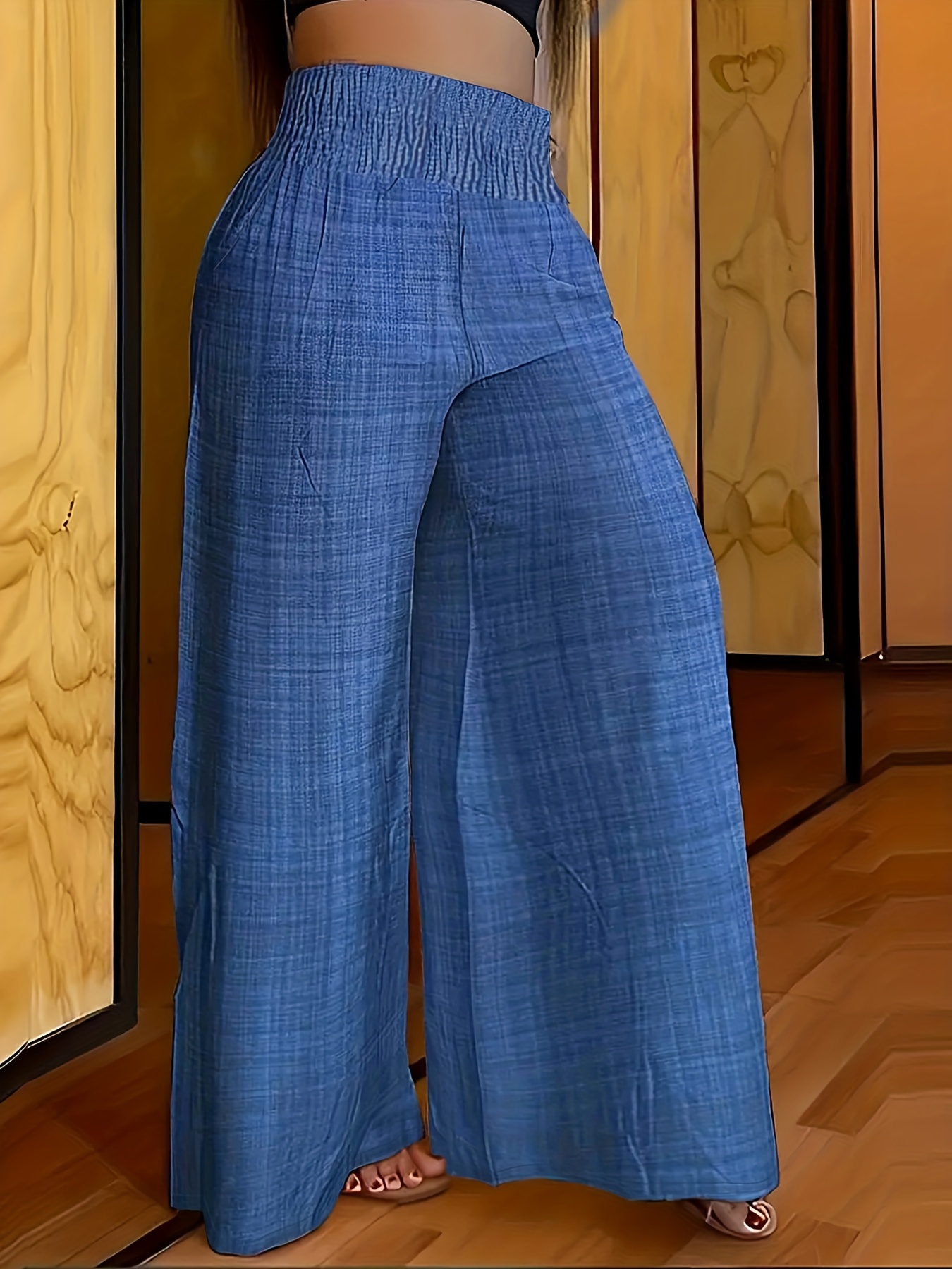 Plus Size Casual Pants Women's Plus Solid Shirred Waist - Temu Australia