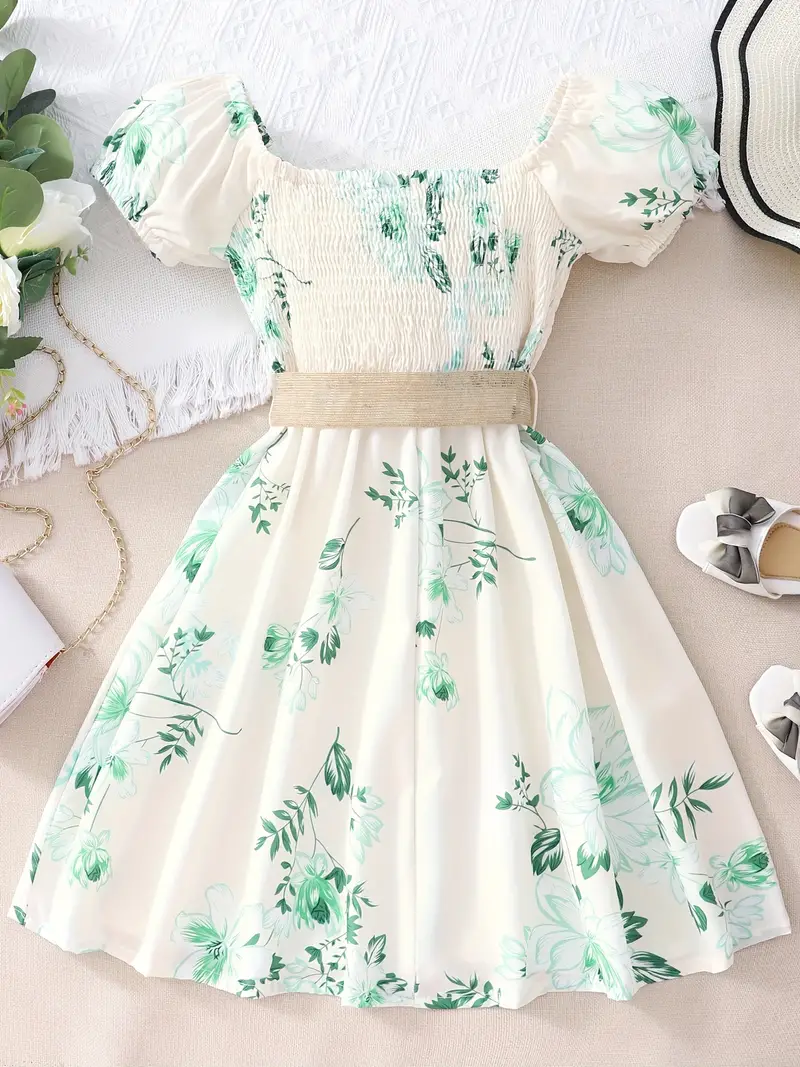 girls floral print shirred short sleeve casual dress belt for summer details 11