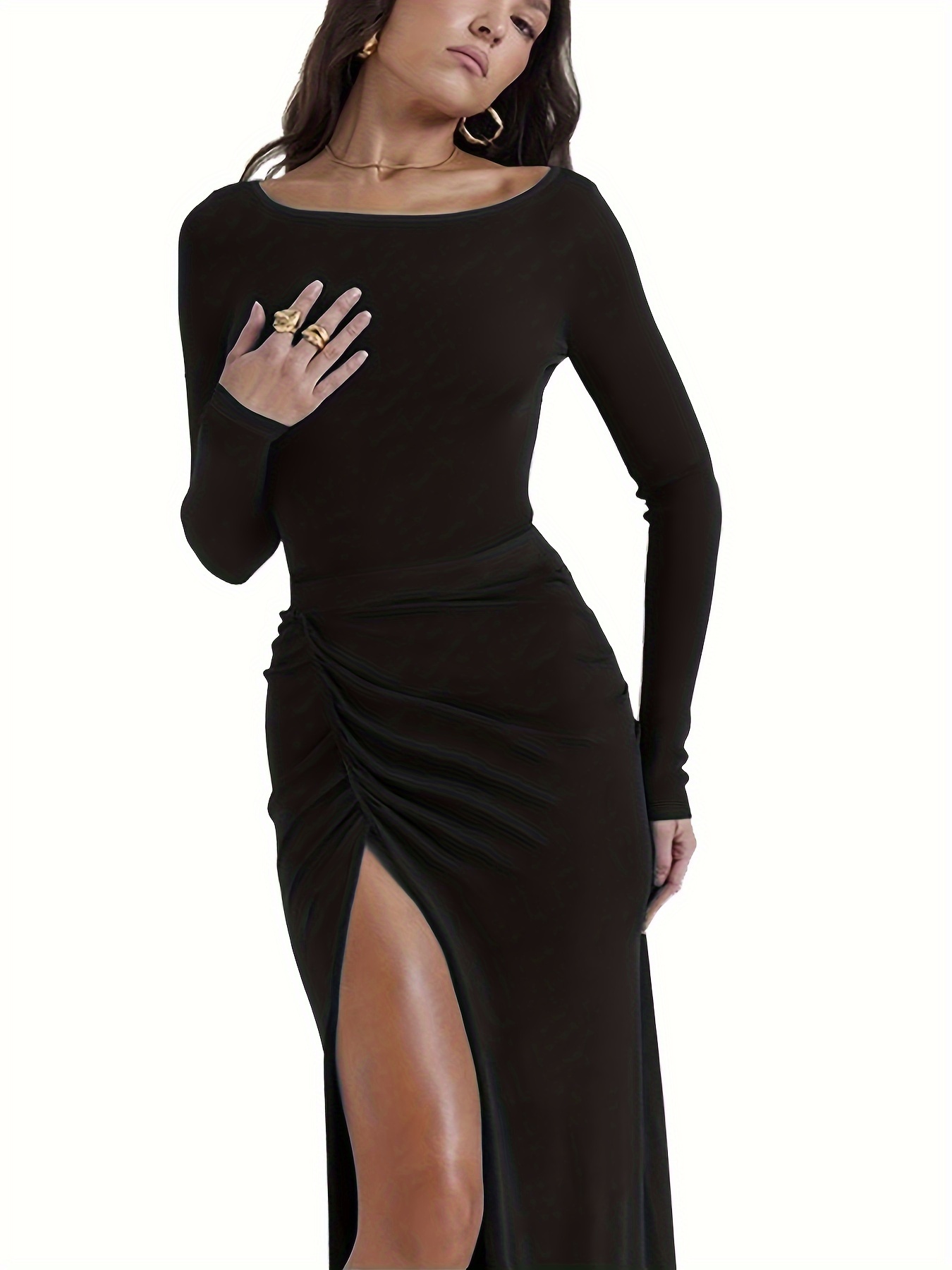 Solid High Neck Split Dress Elegant Long Sleeve Maxi Dress - Temu Canada
