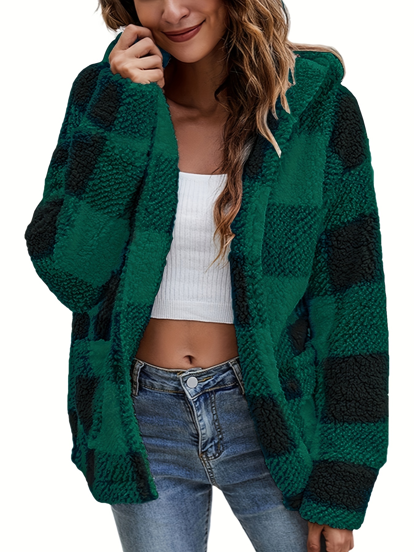 Gingham Hooded Teddy Jacket Checkered Plaid Open Front Hoodie
