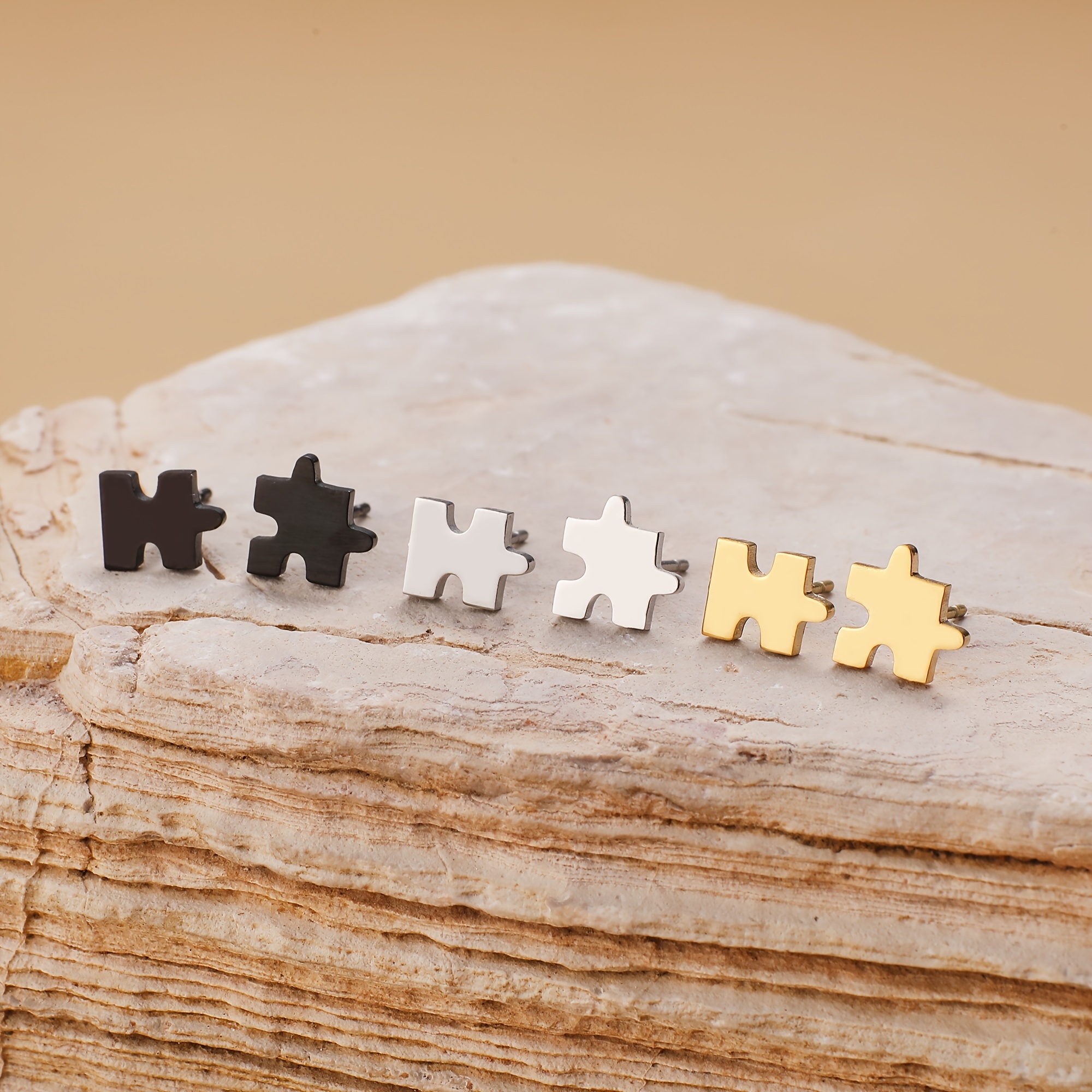 Image of 3 Pairs Set Of Cute Puzzle Shaped Stud Earrings Simple Elegant Style 18k Gold Plated Lightweight Female Ear Accessories