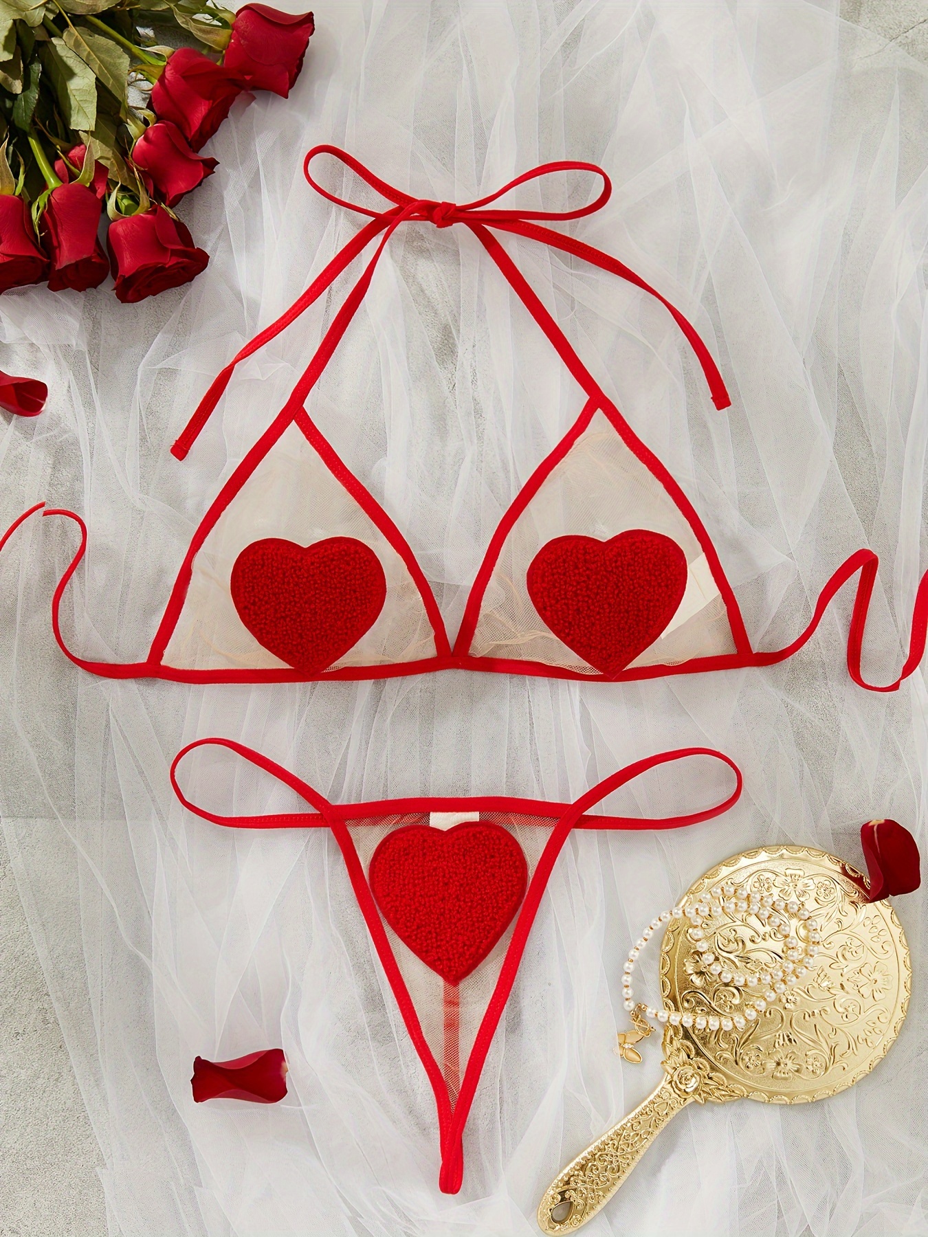 Heart Print Mesh Lingerie Set, Sheer Unlined Bra & Thong & Girdle &  Stockings, Women's Sexy Lingerie & Underwear